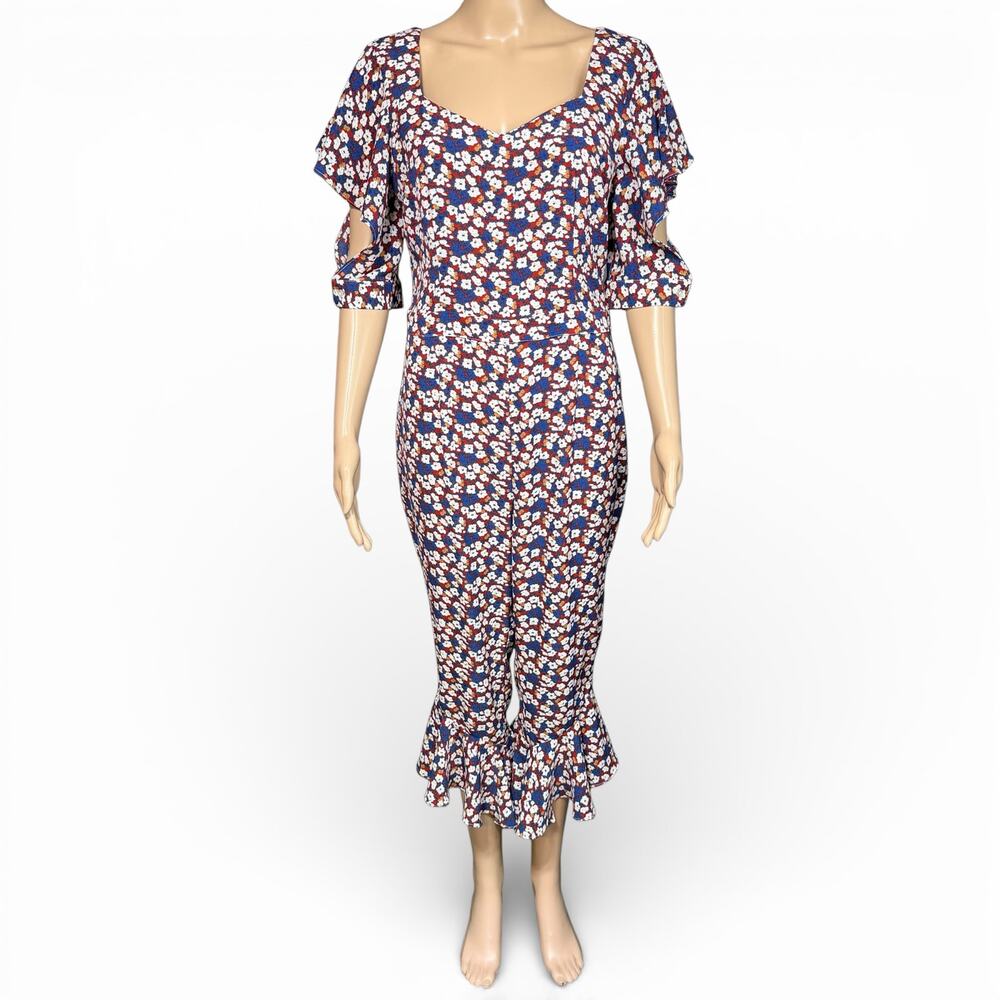 Sugar High Womens Floral Jumpsuit Flutter Sleeve Ruffled Cropped Hems Blue Red L